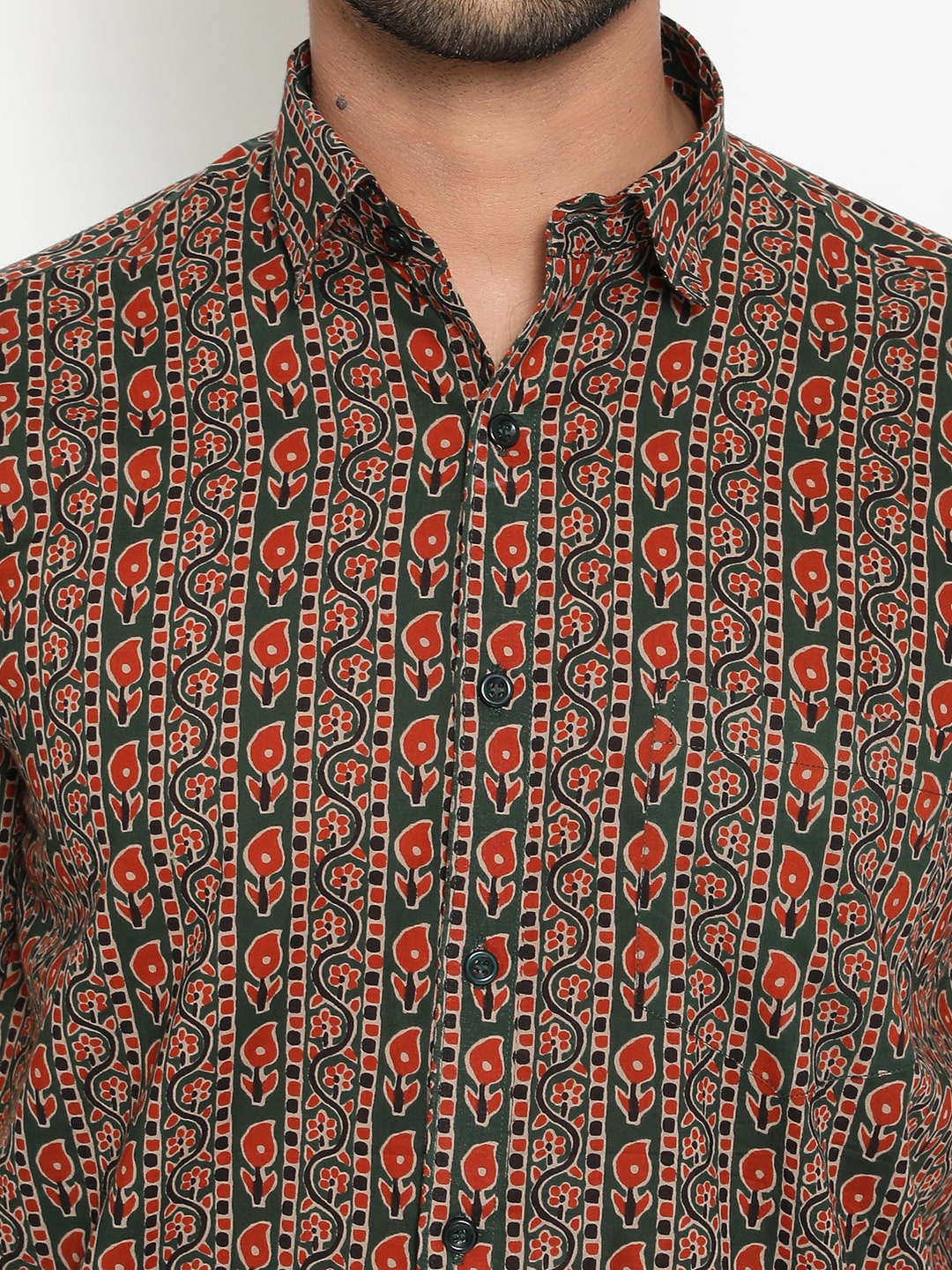 Dark green Cotton Handblocked Printed Shirt