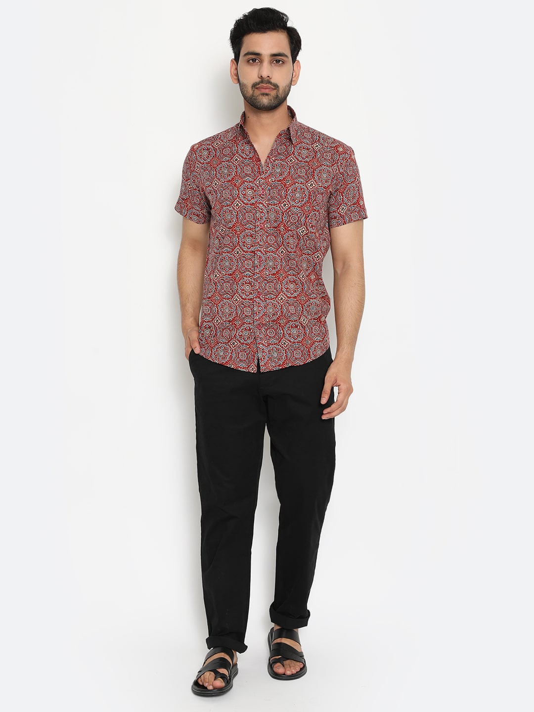 Red Cotton Short Sleeve Handblocked Printed Shirt