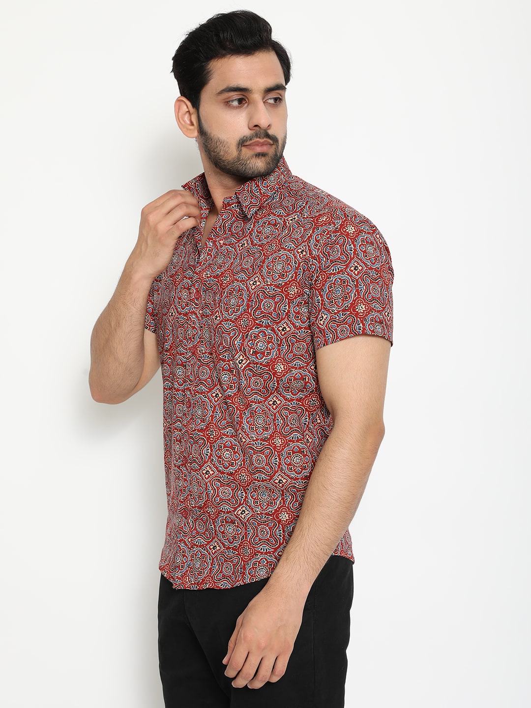 Red Cotton Short Sleeve Handblocked Printed Shirt