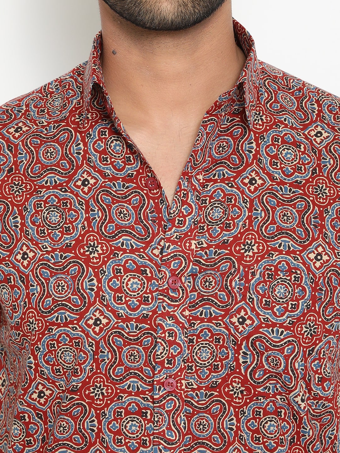 Red Cotton Short Sleeve Handblocked Printed Shirt