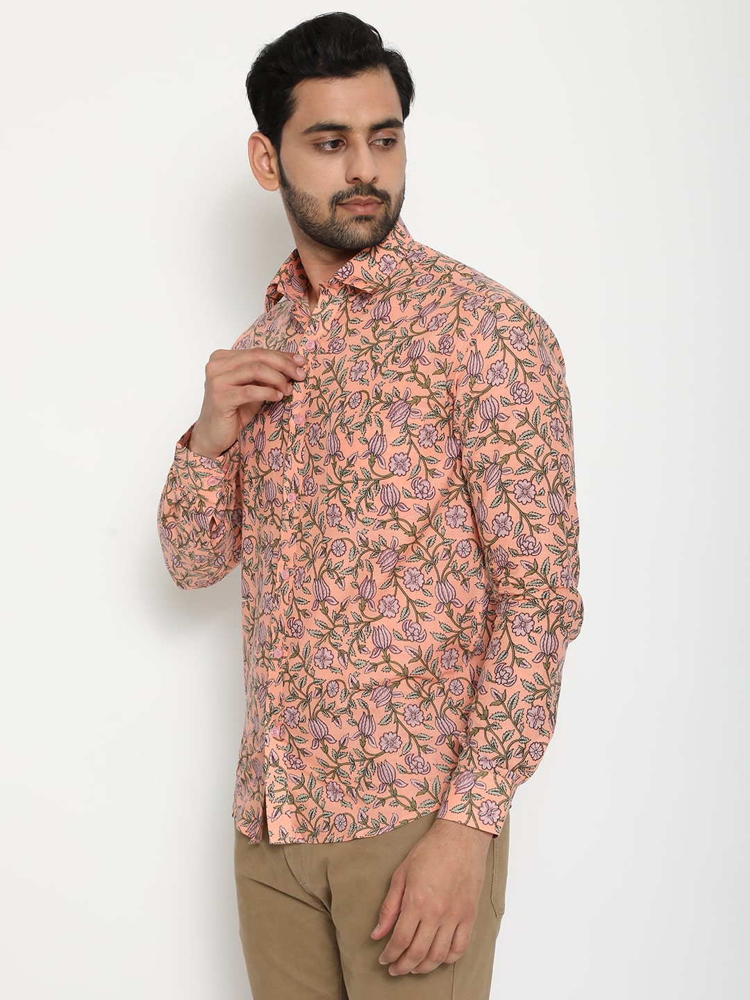 Peach Full Sleeve Cotton Hand Block Printed Men’s Shirt