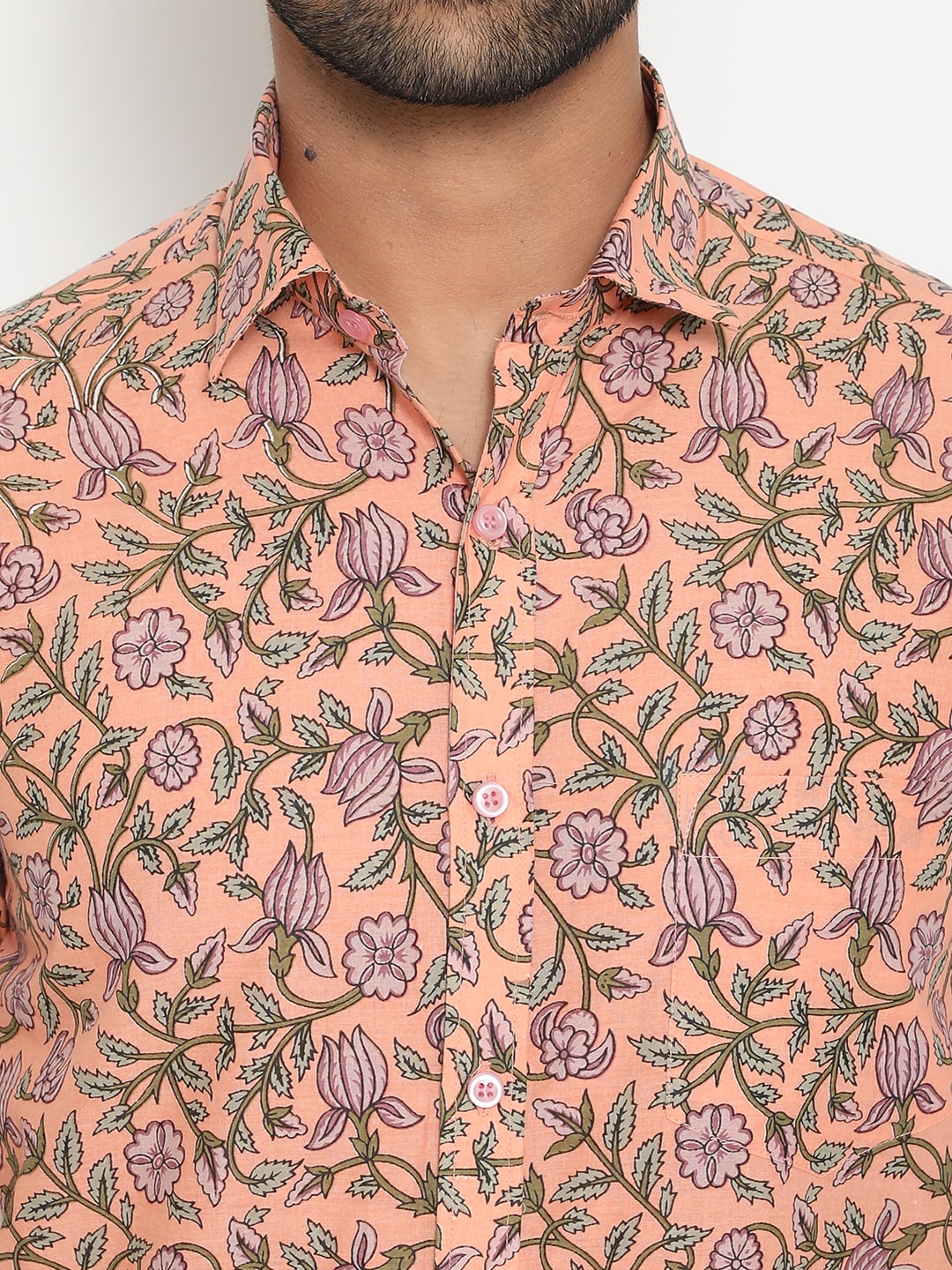 Peach Cotton full sleeve Handblocked Printed Shirt