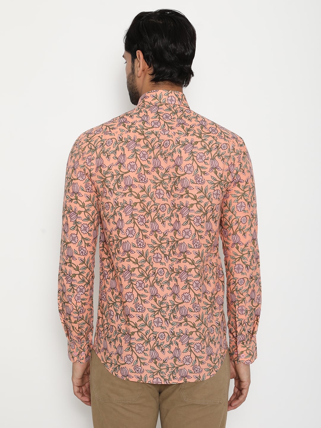 Peach Cotton full sleeve Handblocked Printed Shirt