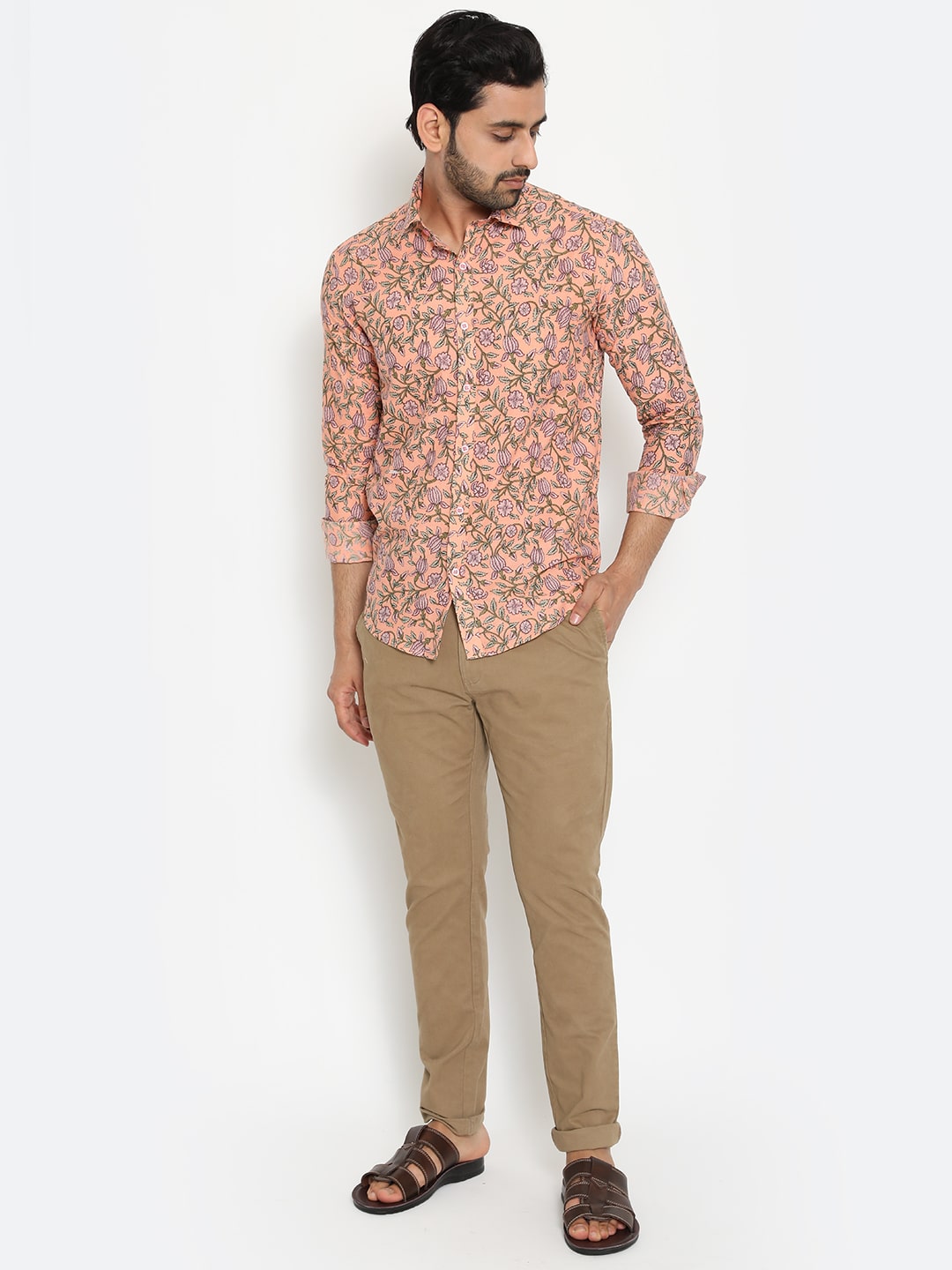 Peach Full Sleeve Cotton Hand Block Printed Men’s Shirt