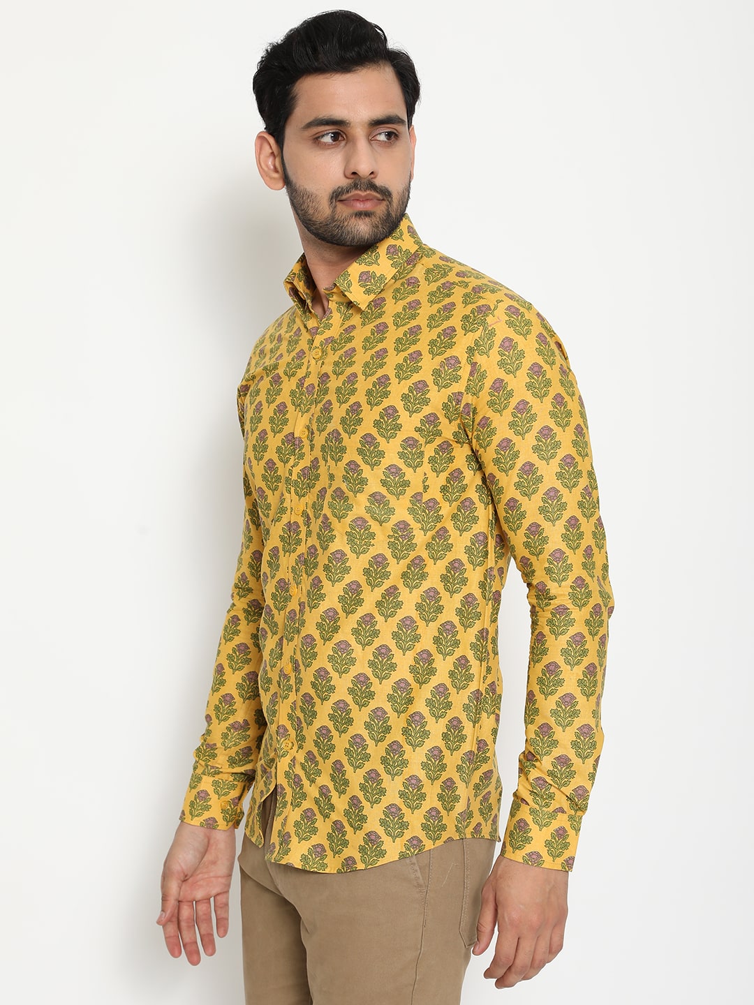 Yellow Cotton Handblocked Printed Shirt