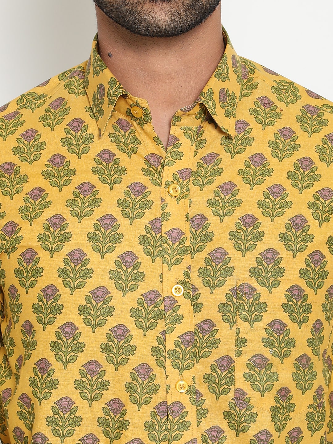 Yellow Cotton Handblocked Printed Shirt