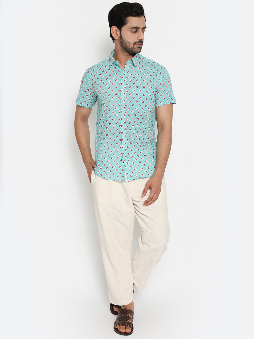 Aqua blue Cotton Handblocked Printed Shirt