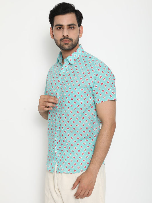 Aqua blue Cotton Handblocked Printed Shirt