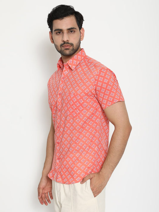 Peach Cotton Handblocked Printed Shirt