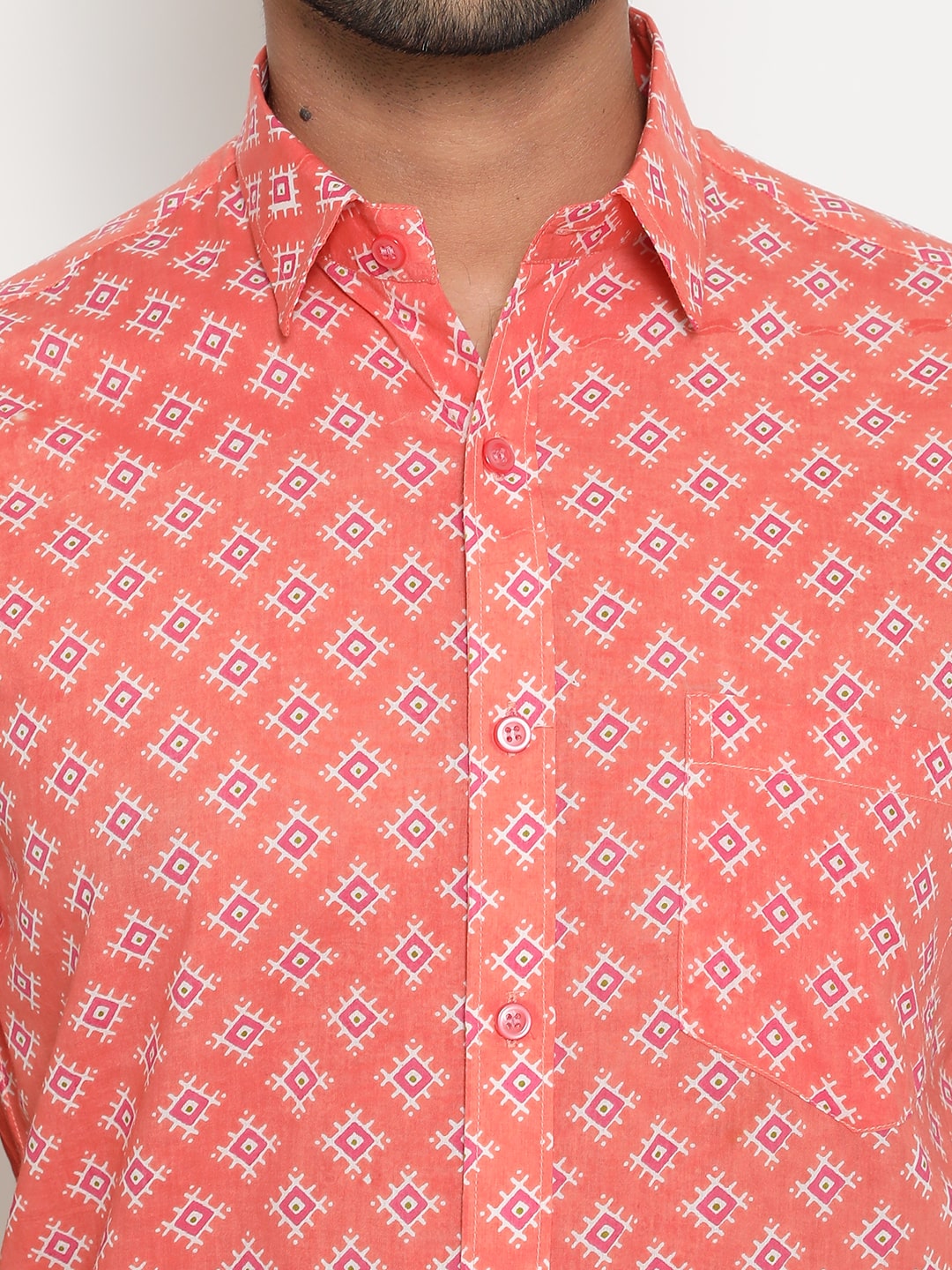 Peach Cotton Handblocked Printed Shirt