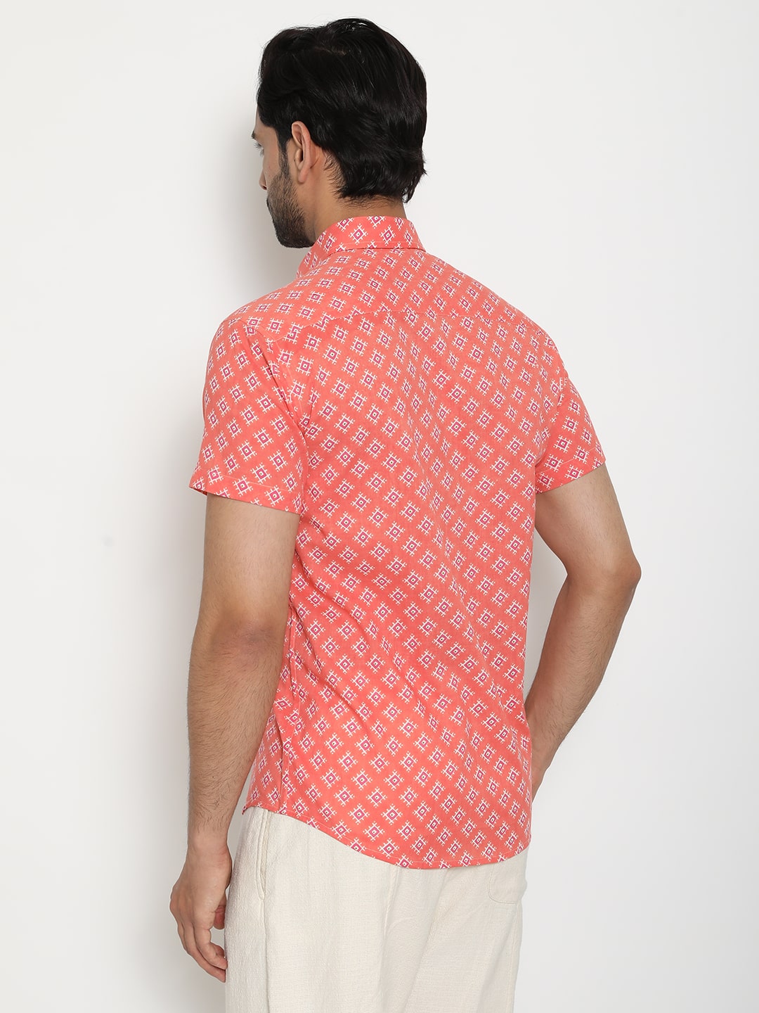 Peach Short Sleeve Cotton Hand Block Printed Men’s Shirt