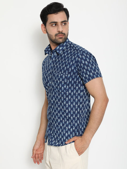 Blue Cotton Handblocked Printed Shirt