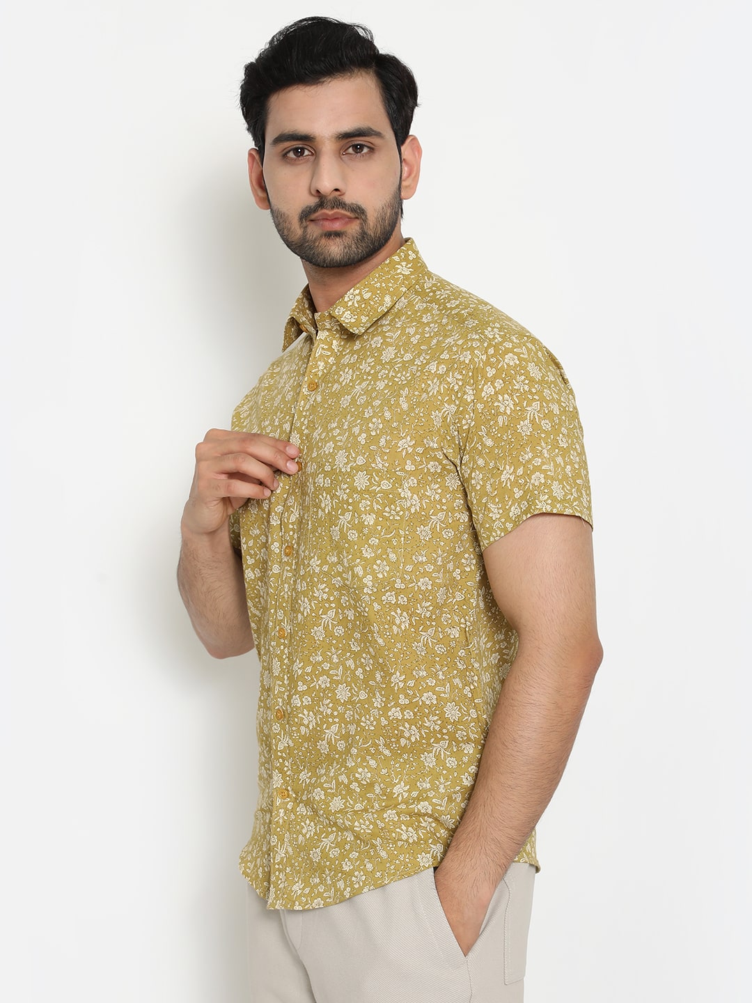 Pale yellow Cotton Handblocked Printed Shirt