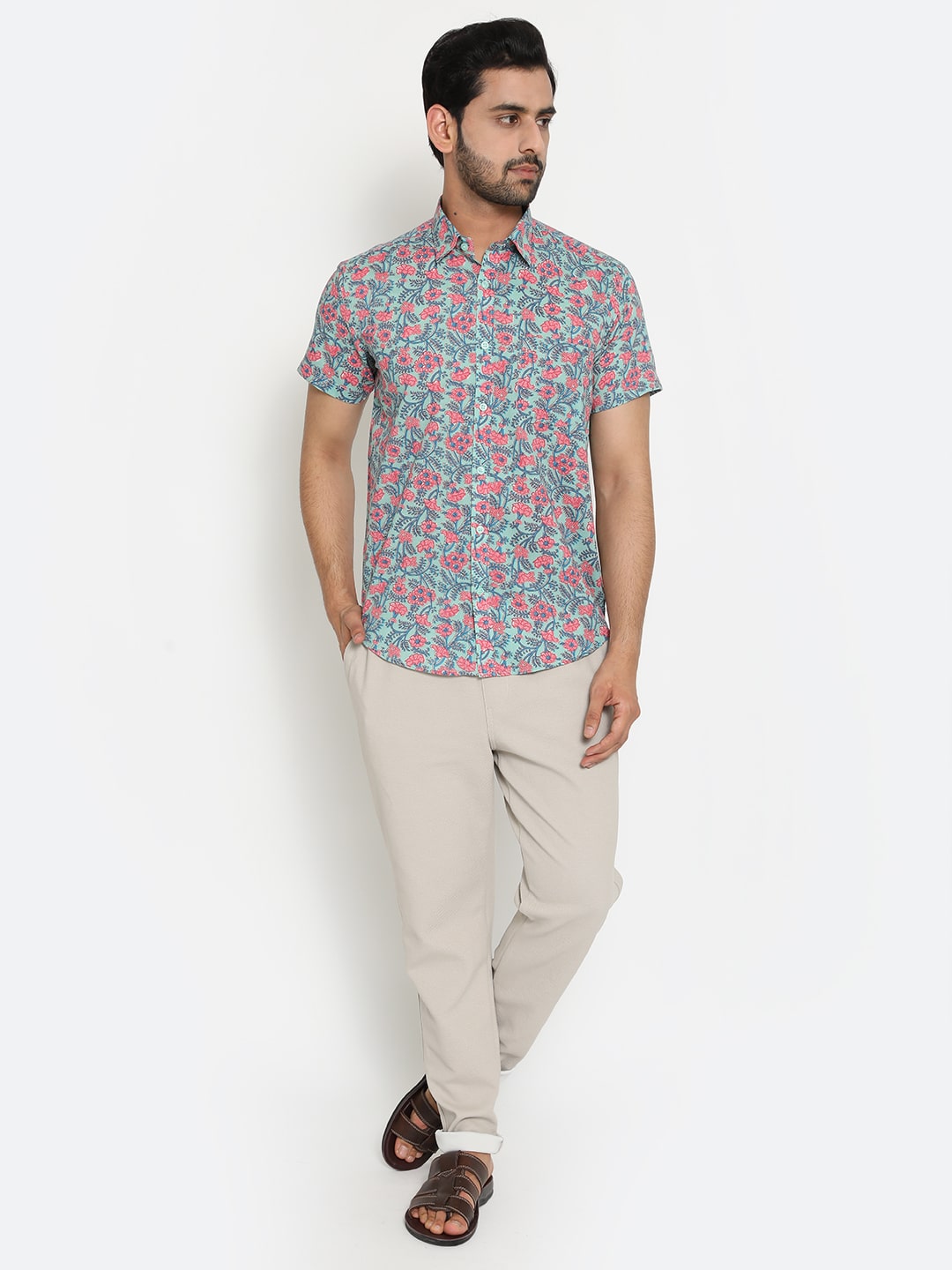 Blue Cotton Slim Handblocked Printed Shirt