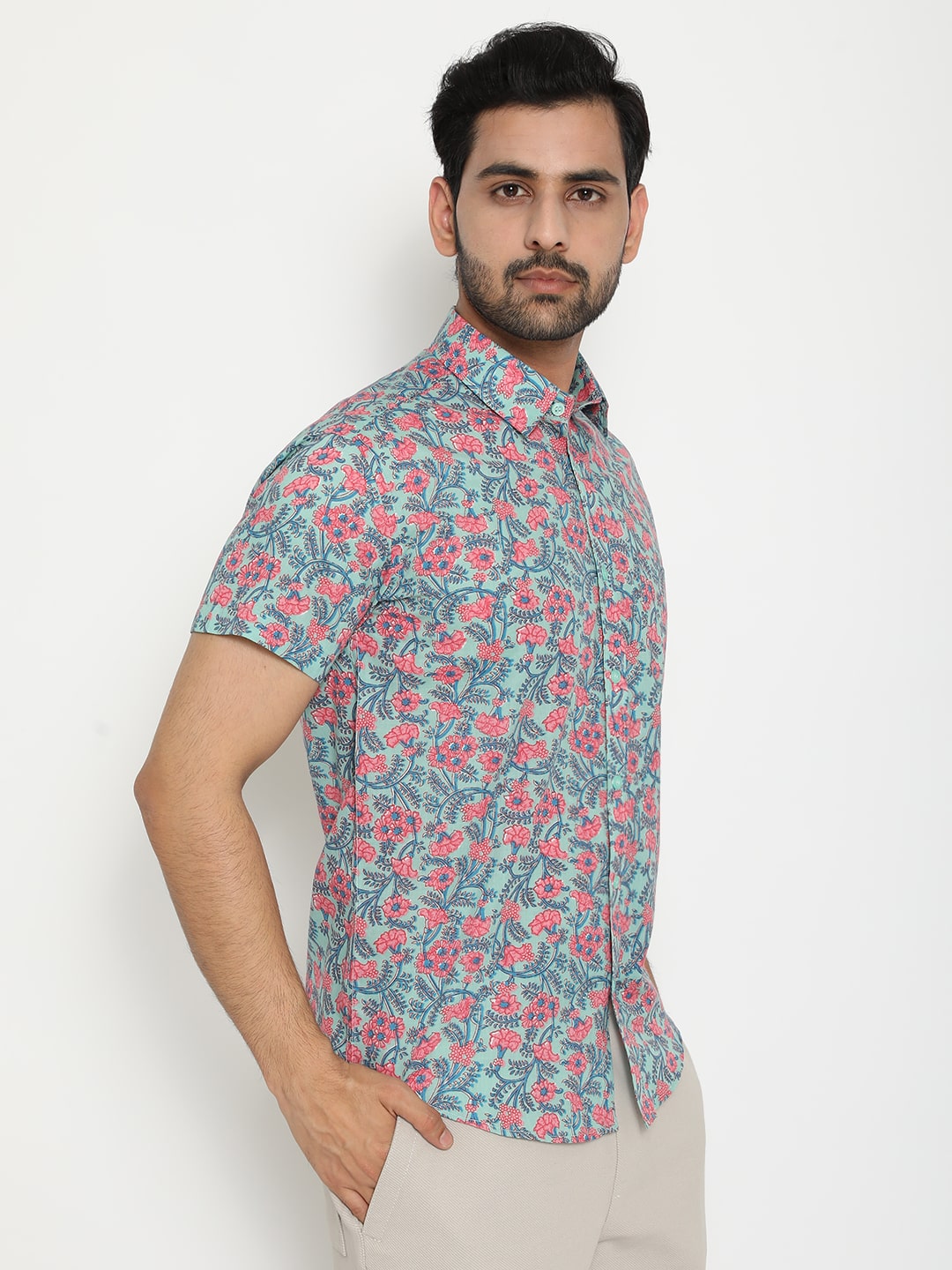 Blue Cotton Slim Handblocked Printed Shirt