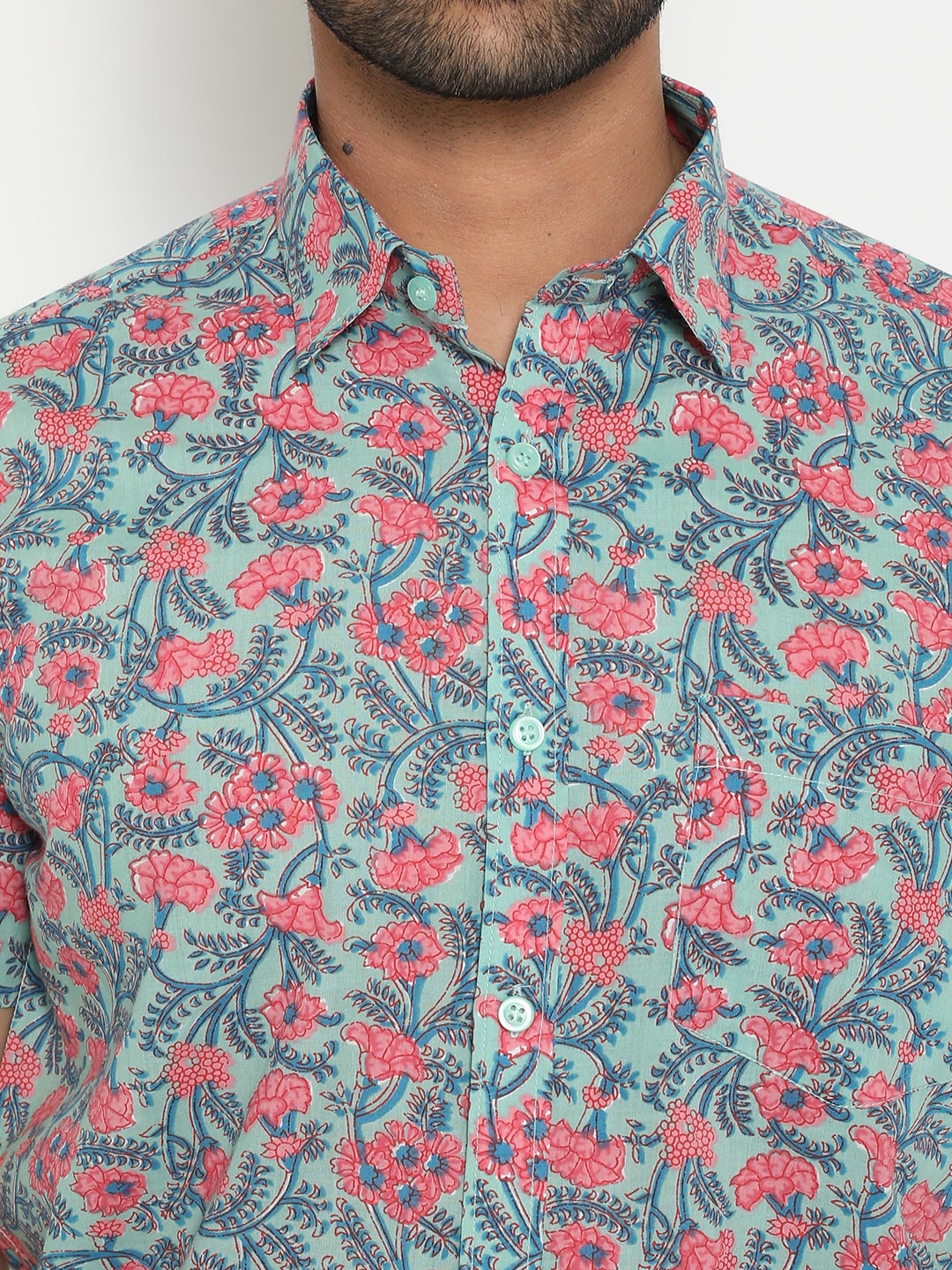 Blue Cotton Slim Handblocked Printed Shirt