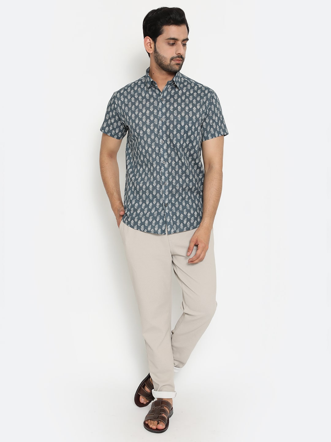 Grey Cotton Handblocked Printed Shirt