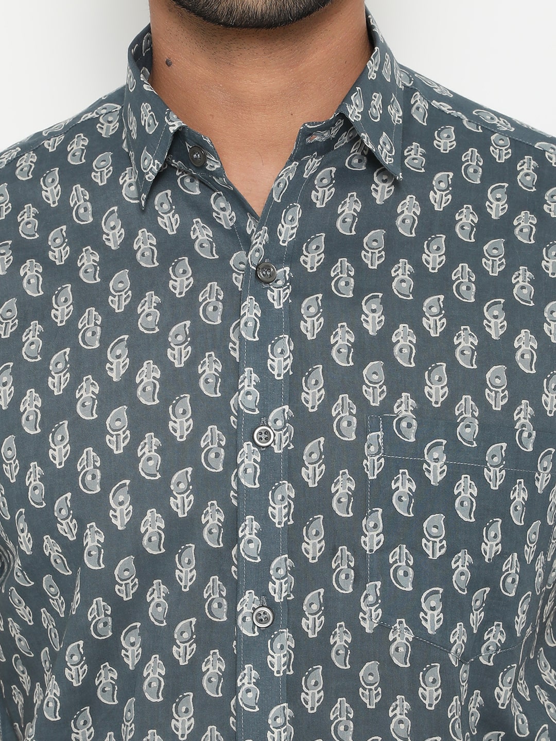 Grey Cotton Handblocked Printed Shirt