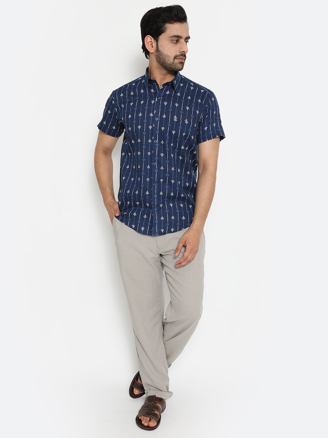 Blue Cotton Short sleeve Handblocked Printed Shirt