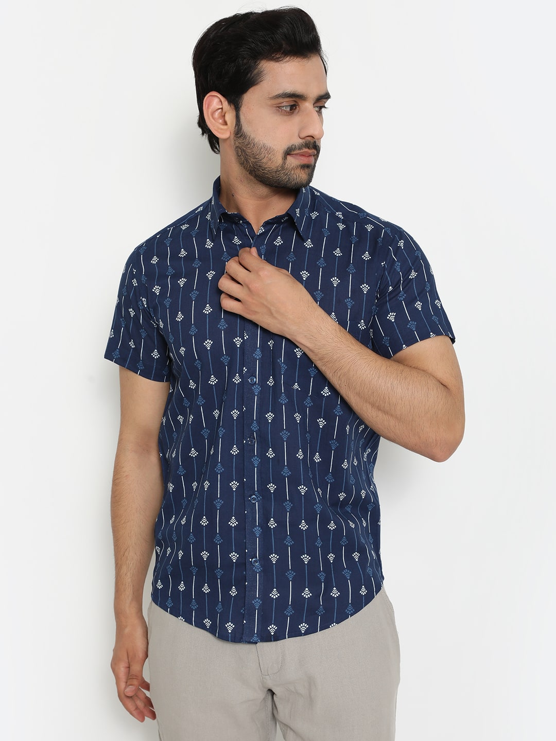 Blue Cotton Short sleeve Handblocked Printed Shirt