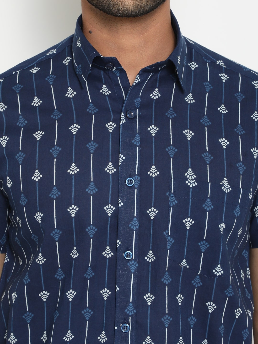 Blue Cotton Short sleeve Handblocked Printed Shirt