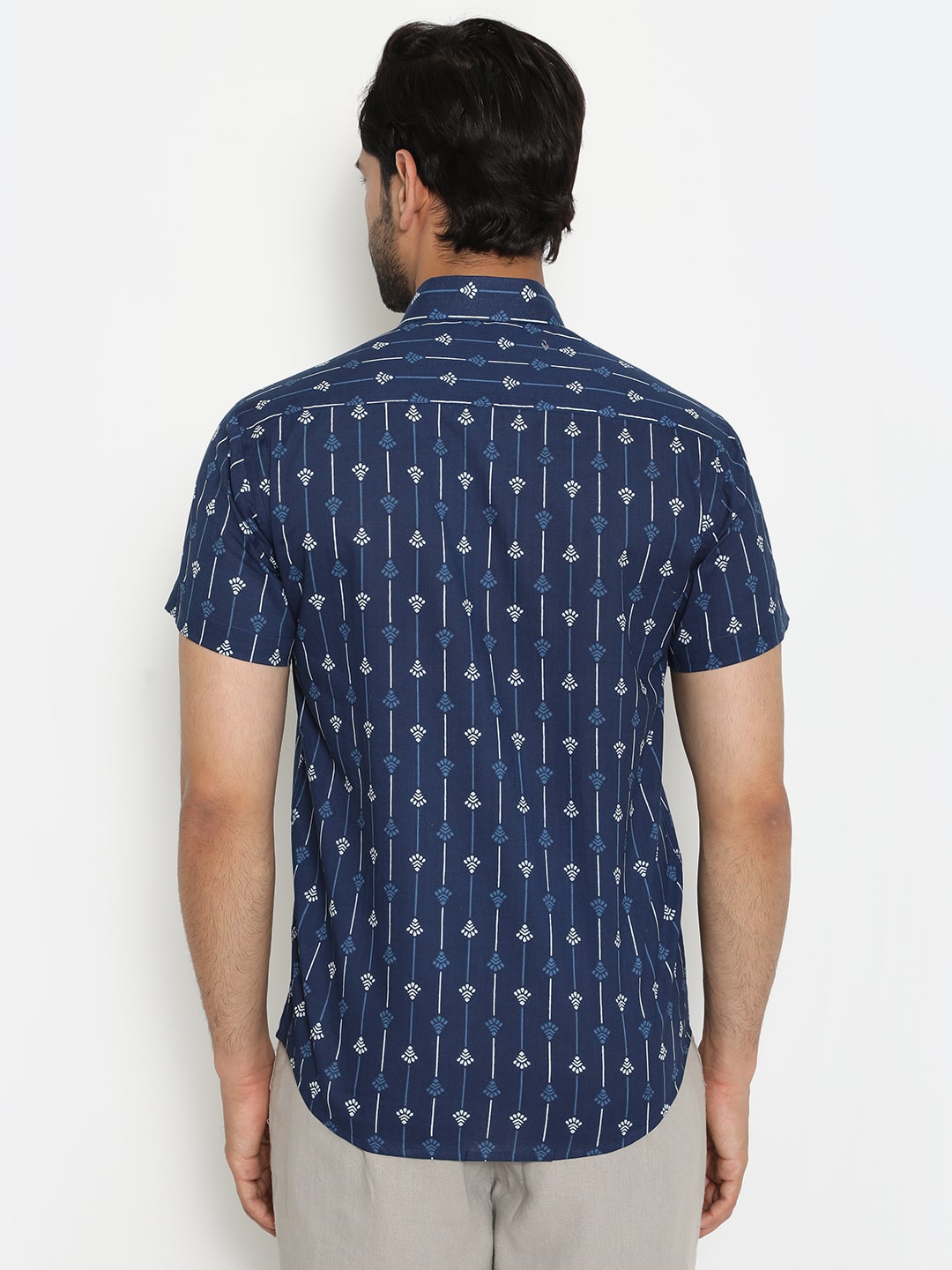 Blue Cotton Short sleeve Handblocked Printed Shirt