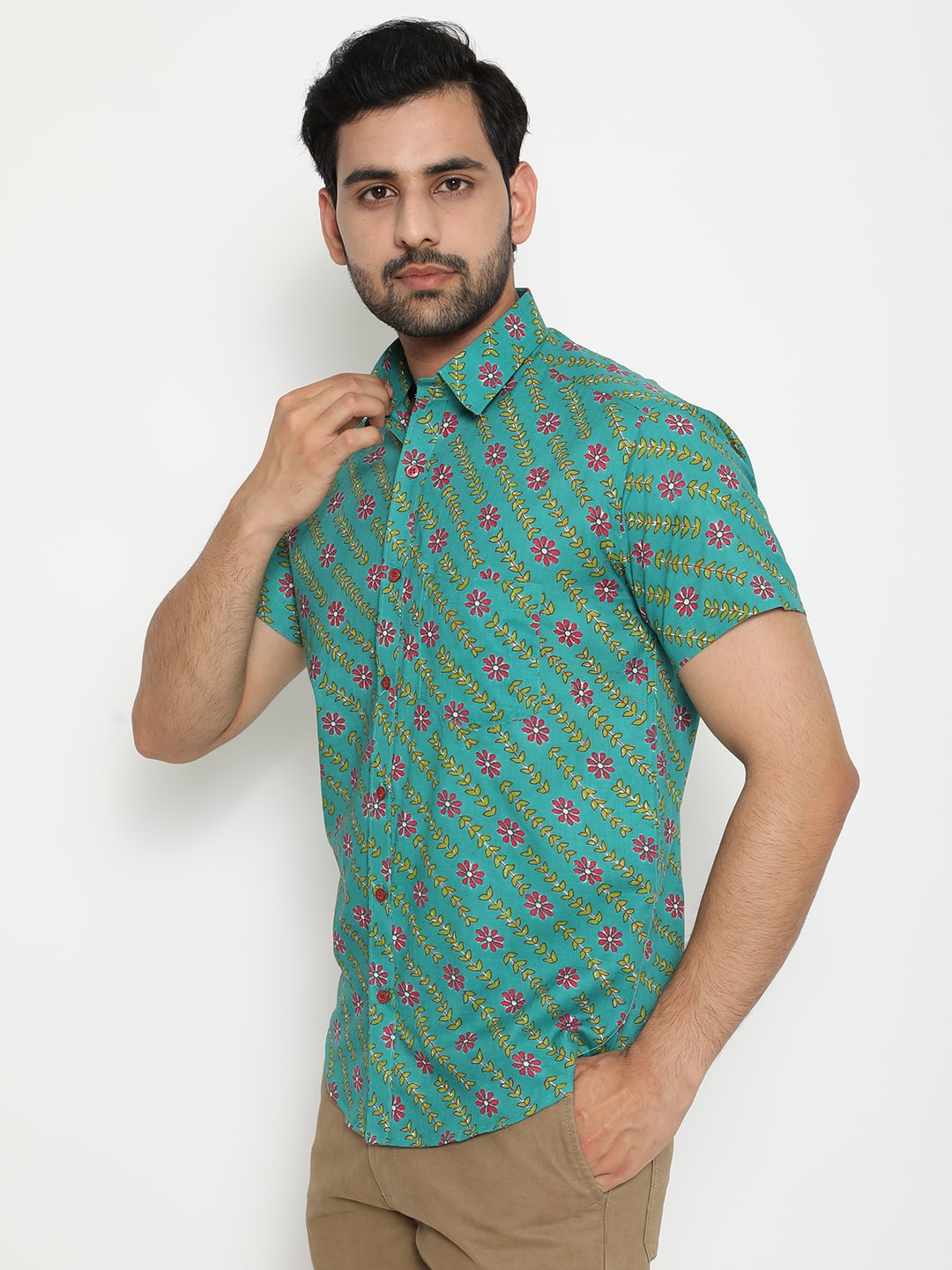 Aqua blue Cotton Slim Handblocked Printed Shirt