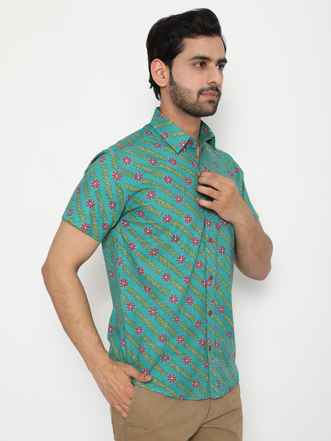 Aqua blue Cotton Slim Handblocked Printed Shirt