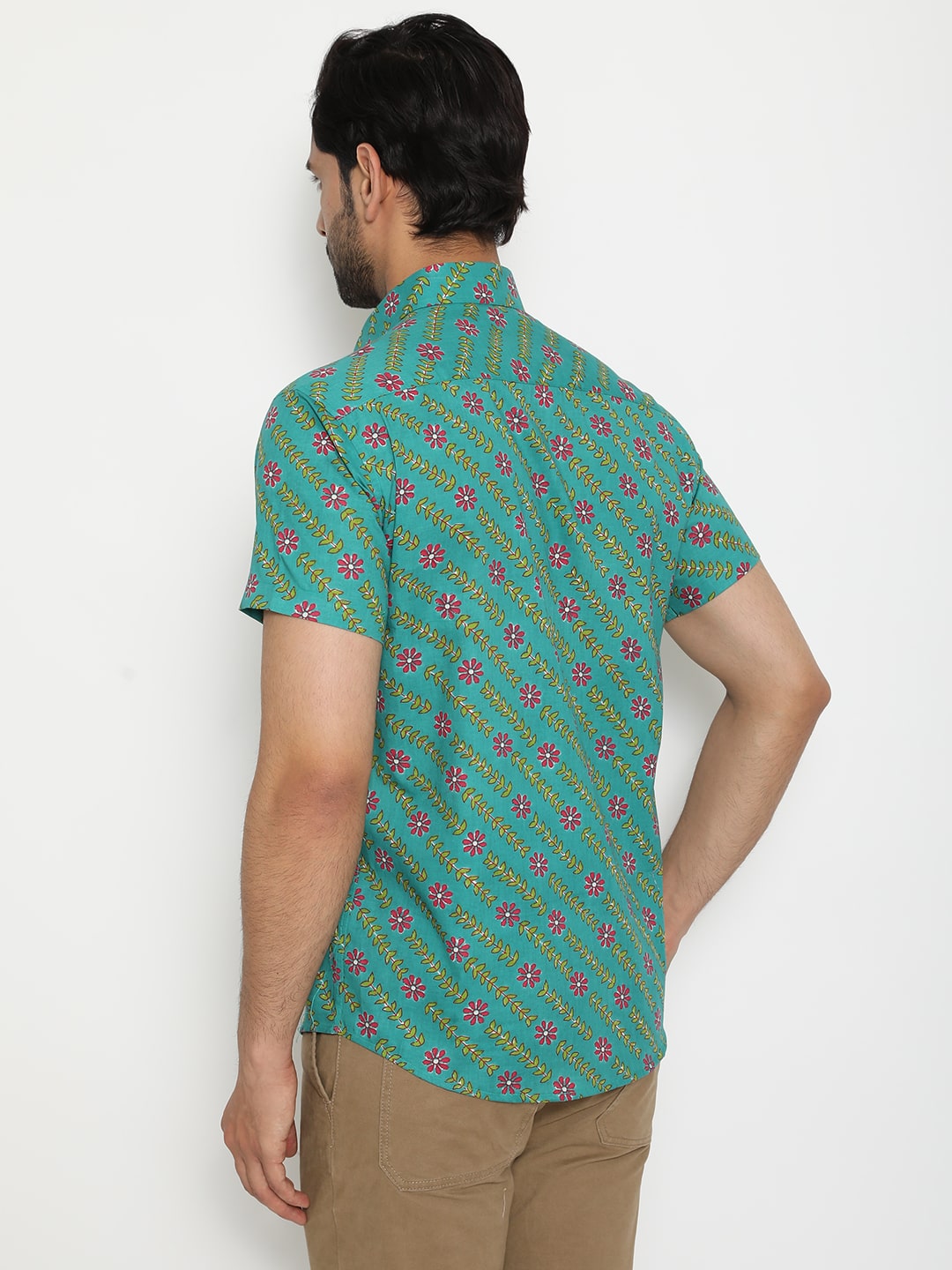 Aqua blue Cotton Slim Handblocked Printed Shirt