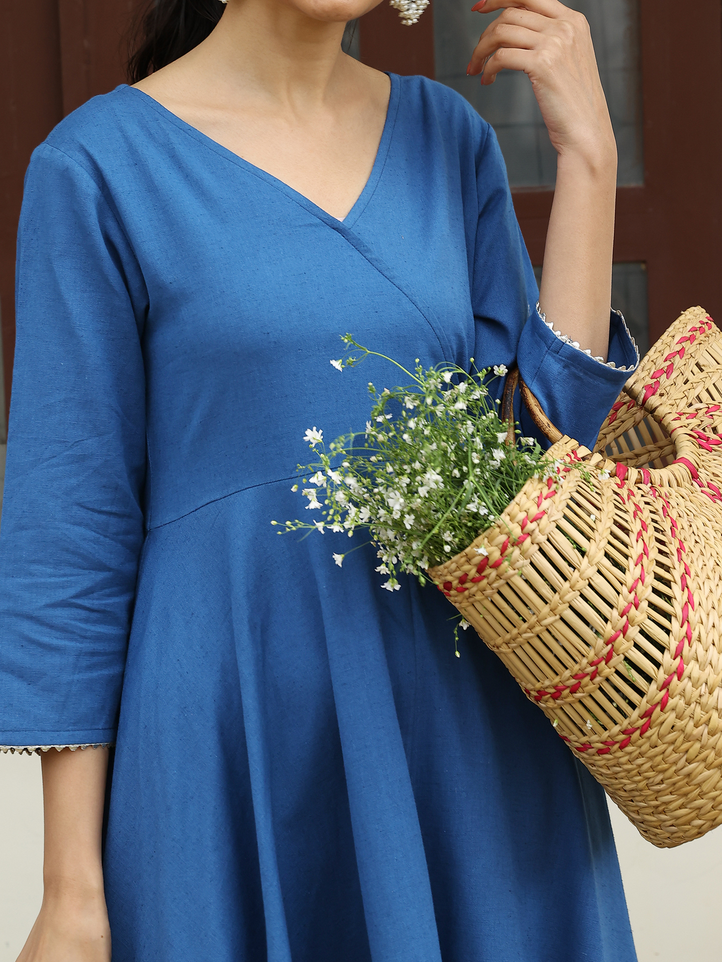 Royal Blue Solid Flared Dress with Bow