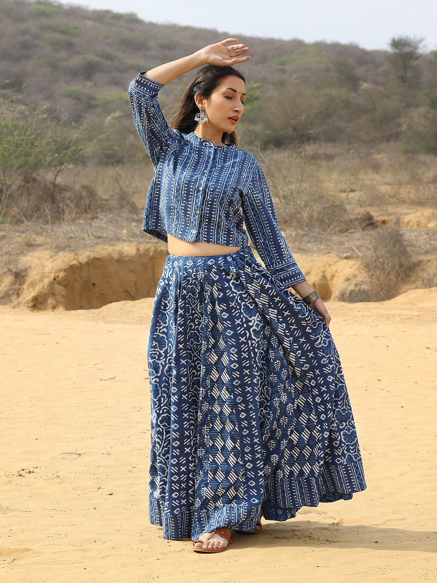 Blue Dabu Print Cotton Skirt and Top Set