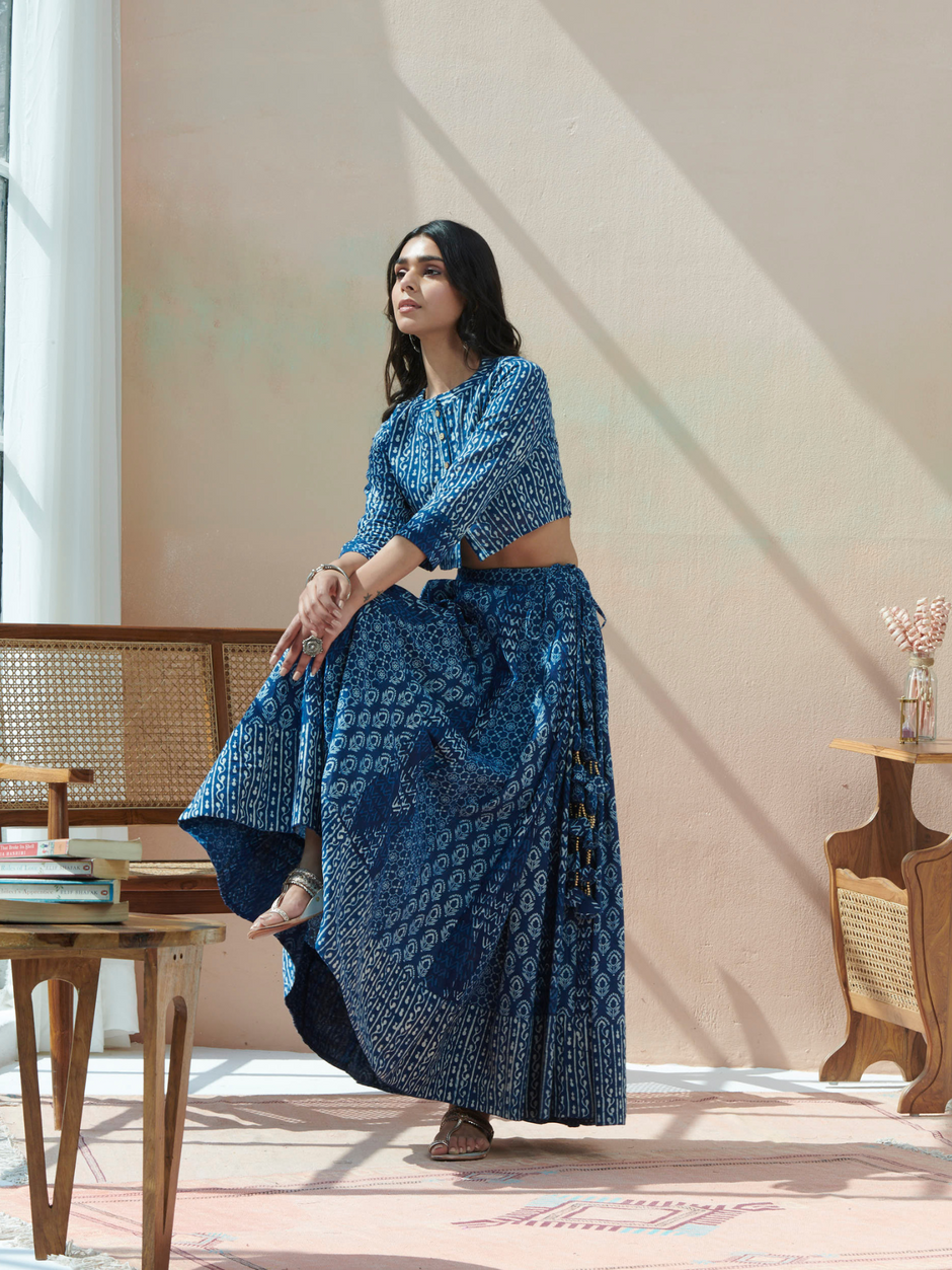 Indigo Dabu Print Cotton Elasticated A-Line Maxi Skirt main image 0