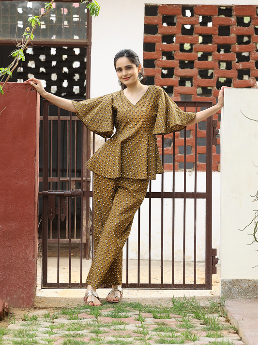 Yellow Handblocked Bagru Printed  Frilled Sleeve Cotton Co-ord Set