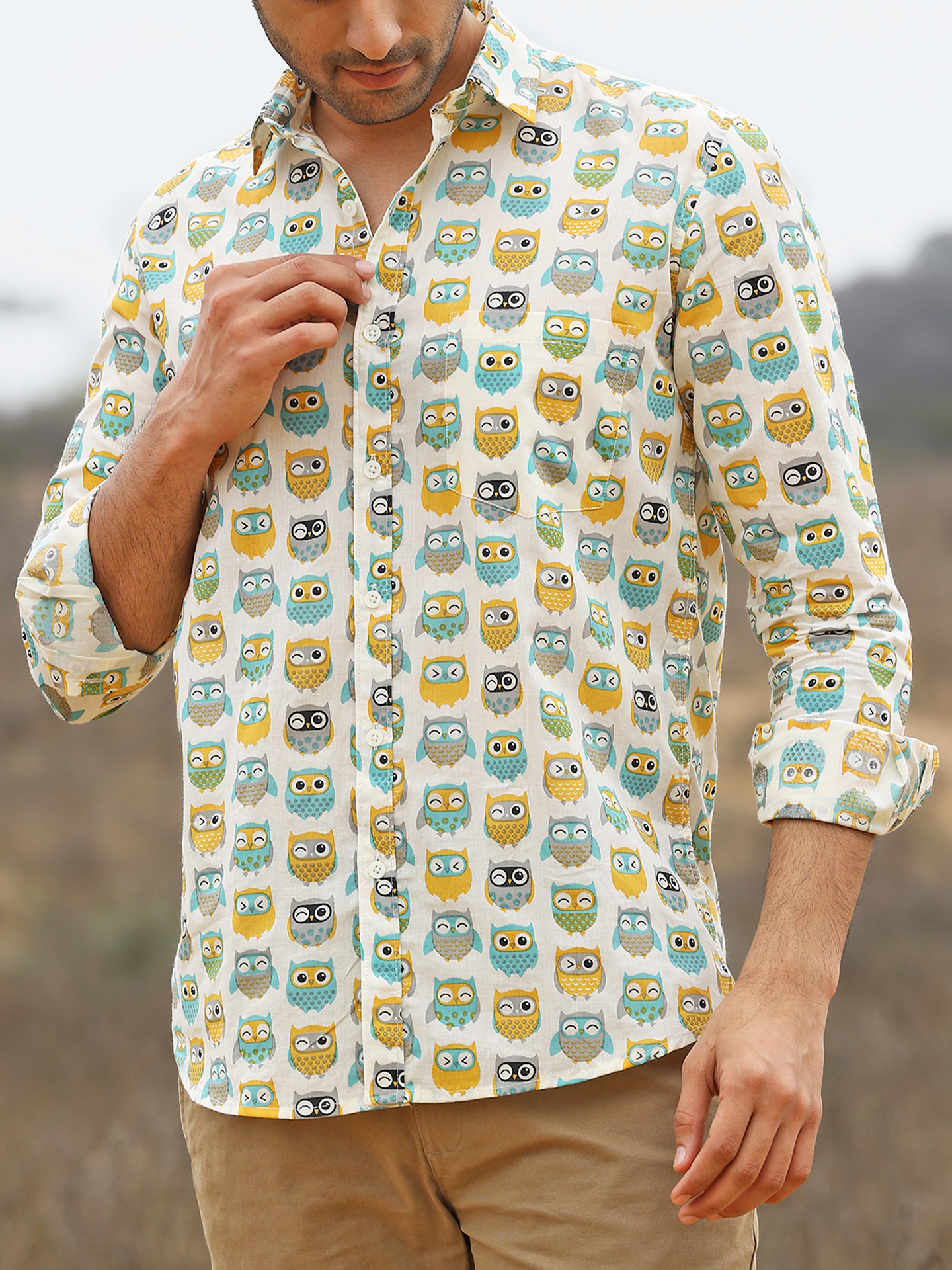 Full Sleeve Hand Block Owl Printed Mens Cotton Shirt (White)