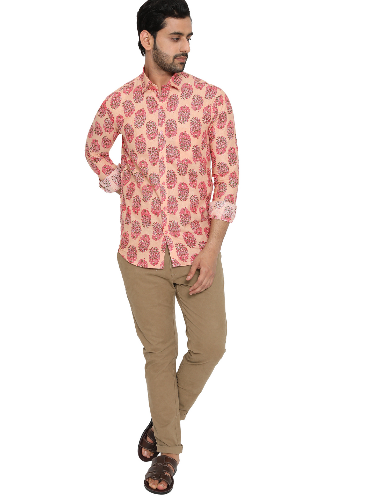 Full Sleeve Printed Mens Cotton Tshirt (Peach)