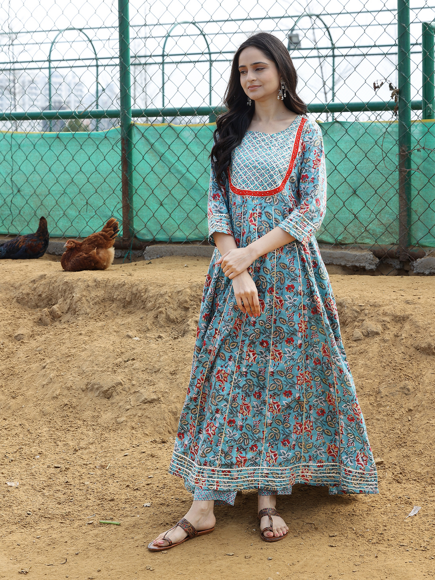 Light Blue Hand Block Cotton Printed Anarkali Kurta Set with Beads & Gotta Work with Chiffon dupatta