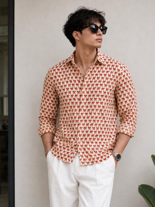 Full Sleeve Hand Block Camel Printed Mens Cotton Shirt (Red)