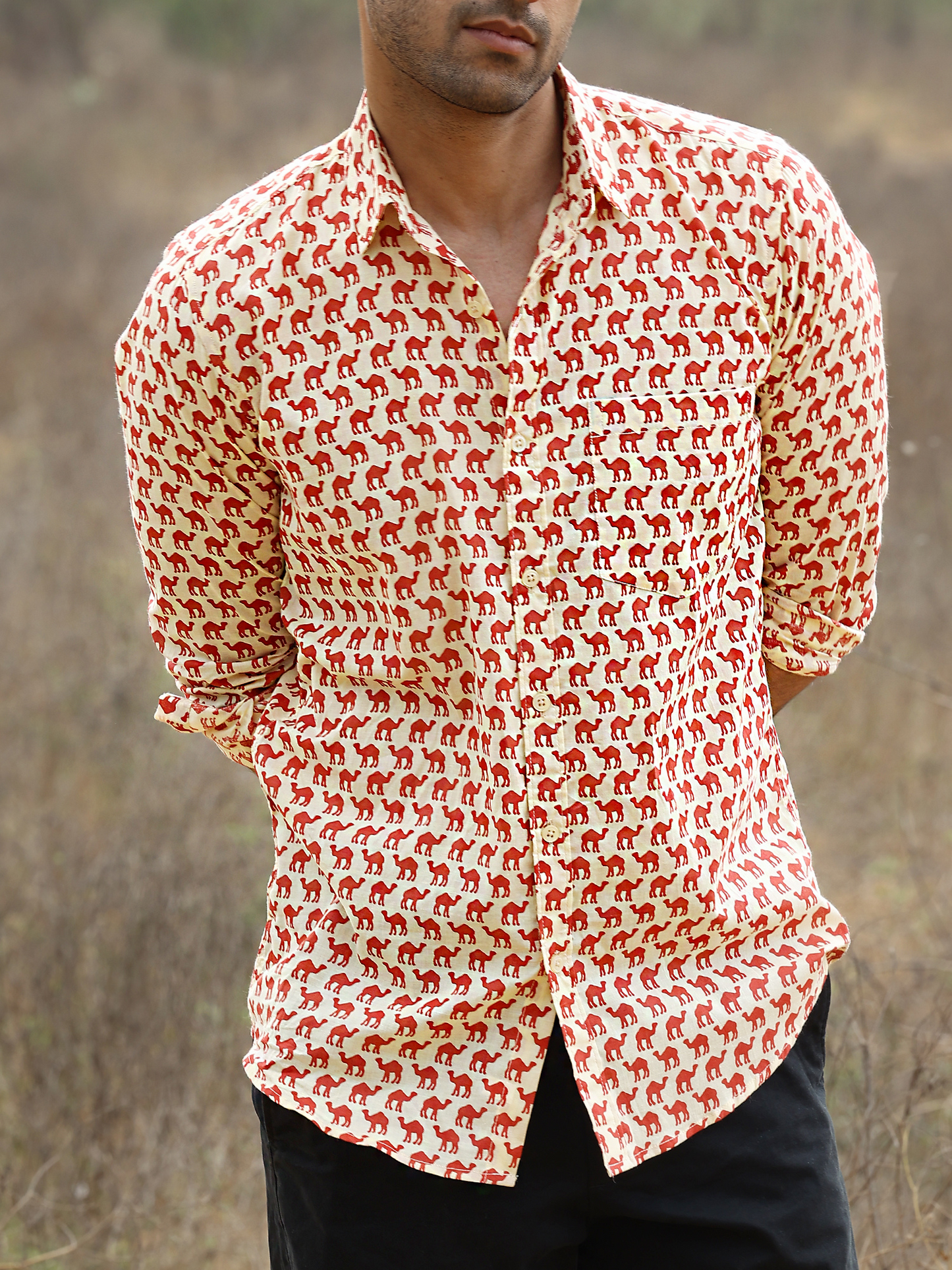 Full Sleeve HandBlocked Camel Printed Mens Cotton Shirt (Red)