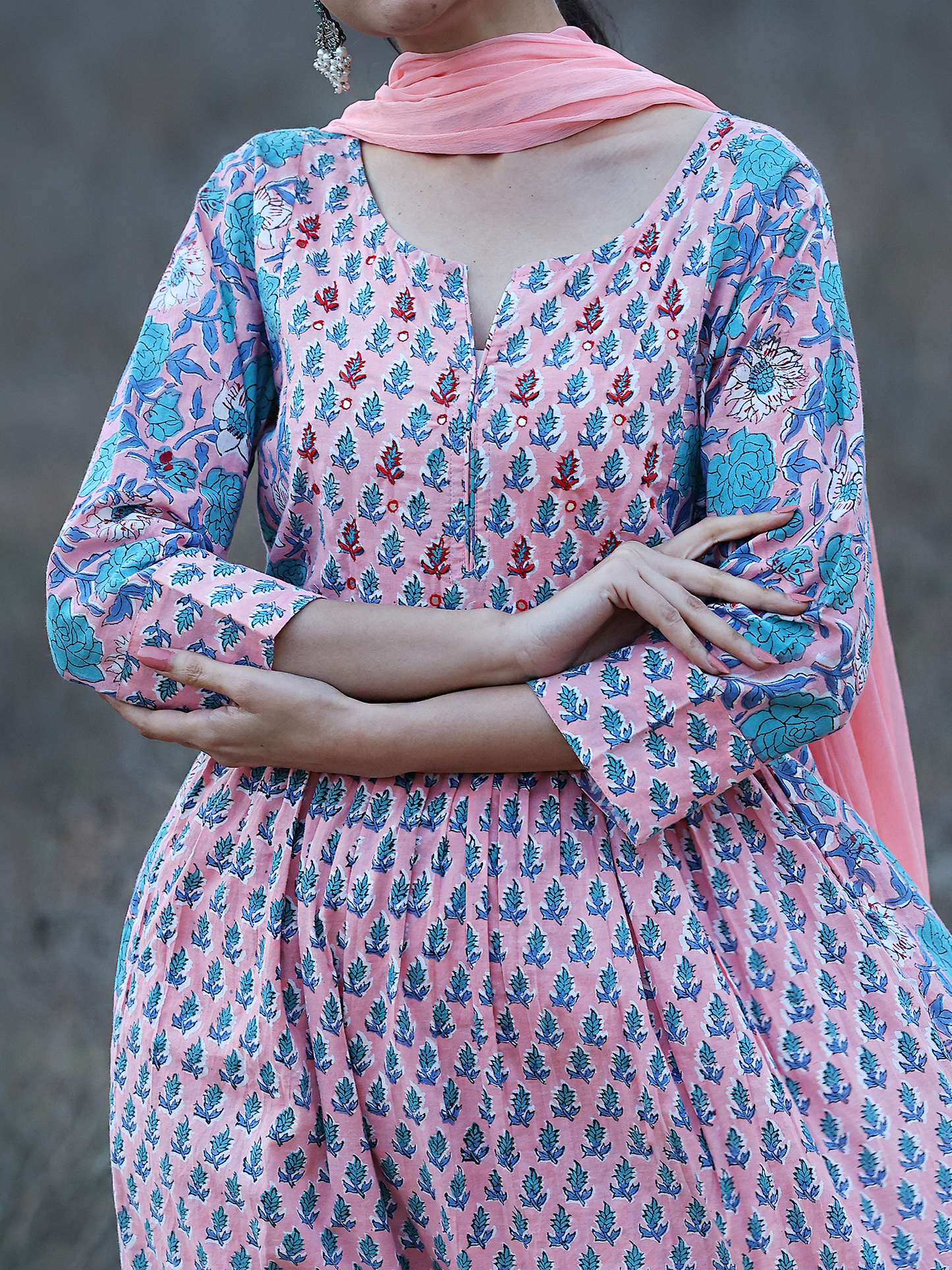 Handblocked Printed A-Line Kurta Set with Thread Embroidery at Yoke