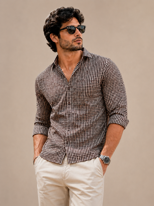 Full Sleeve Checkhered Printed Mens Cotton Shirt (Baige)