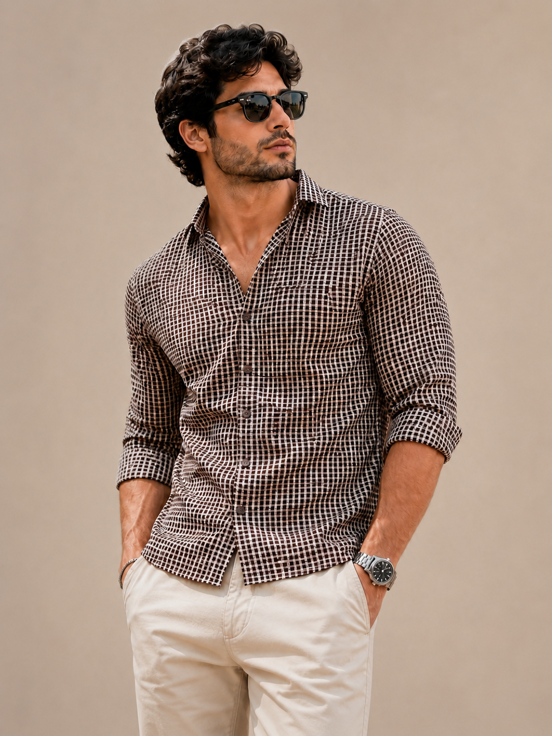 Full Sleeve Checkhered Printed Mens Cotton Shirt (Baige)