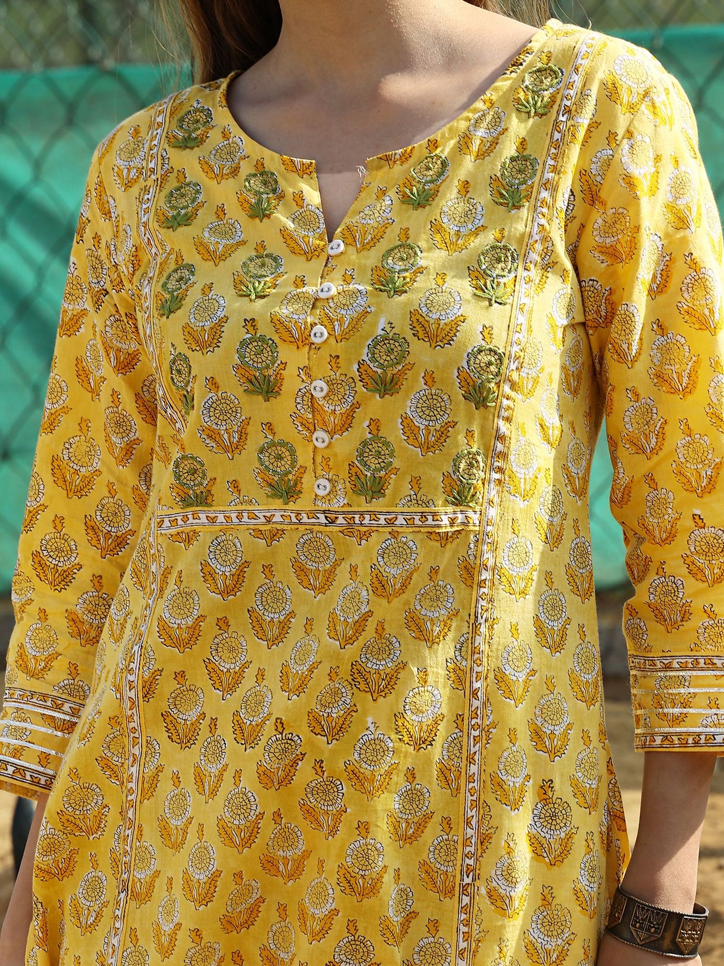 Yellow Handblocked Bagru Printed Cotton Kurta Set with Dupatta