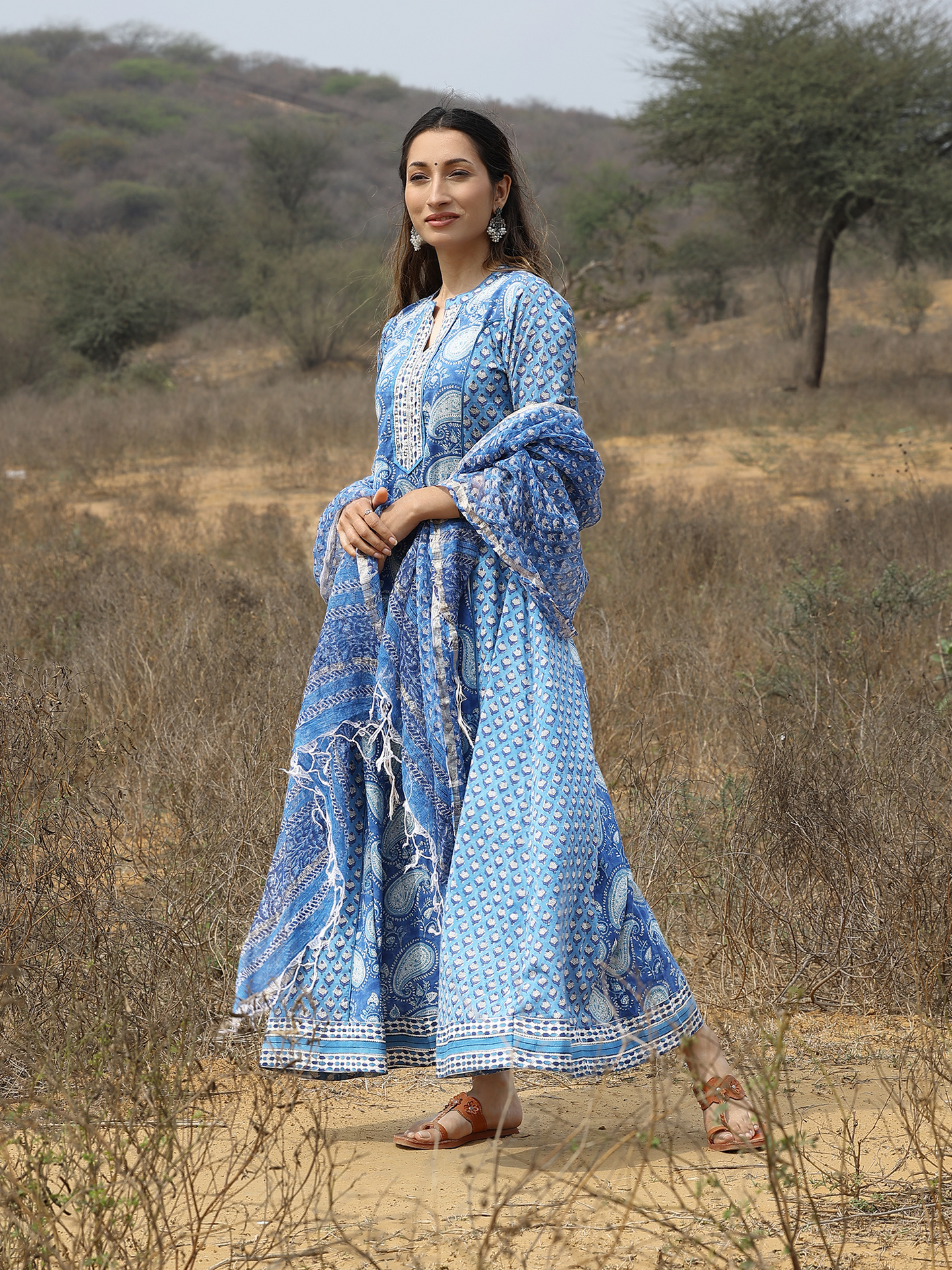 Blue Cotton Hand Block Printed Anarkali Kurta Set with Sequin Work & Kota Doriya Dupatta