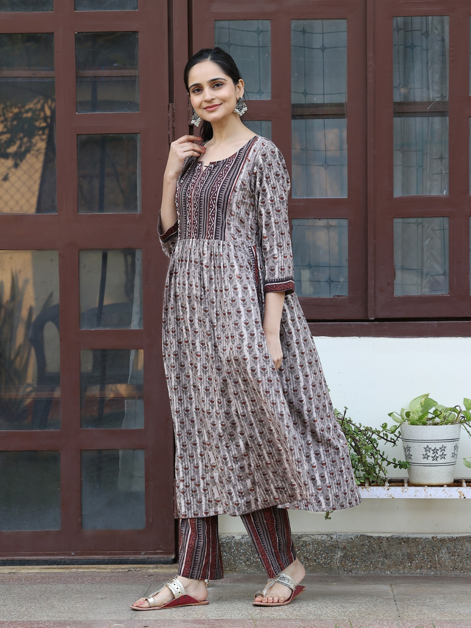 Beige Hand Block Printed A-Line Kurta Set with Thread Embroidery at Yoke