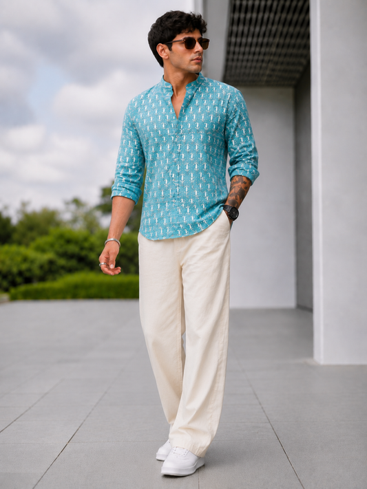 Handblock Printed Mens Cotton Short Kurta Style Shirt  (Blue)