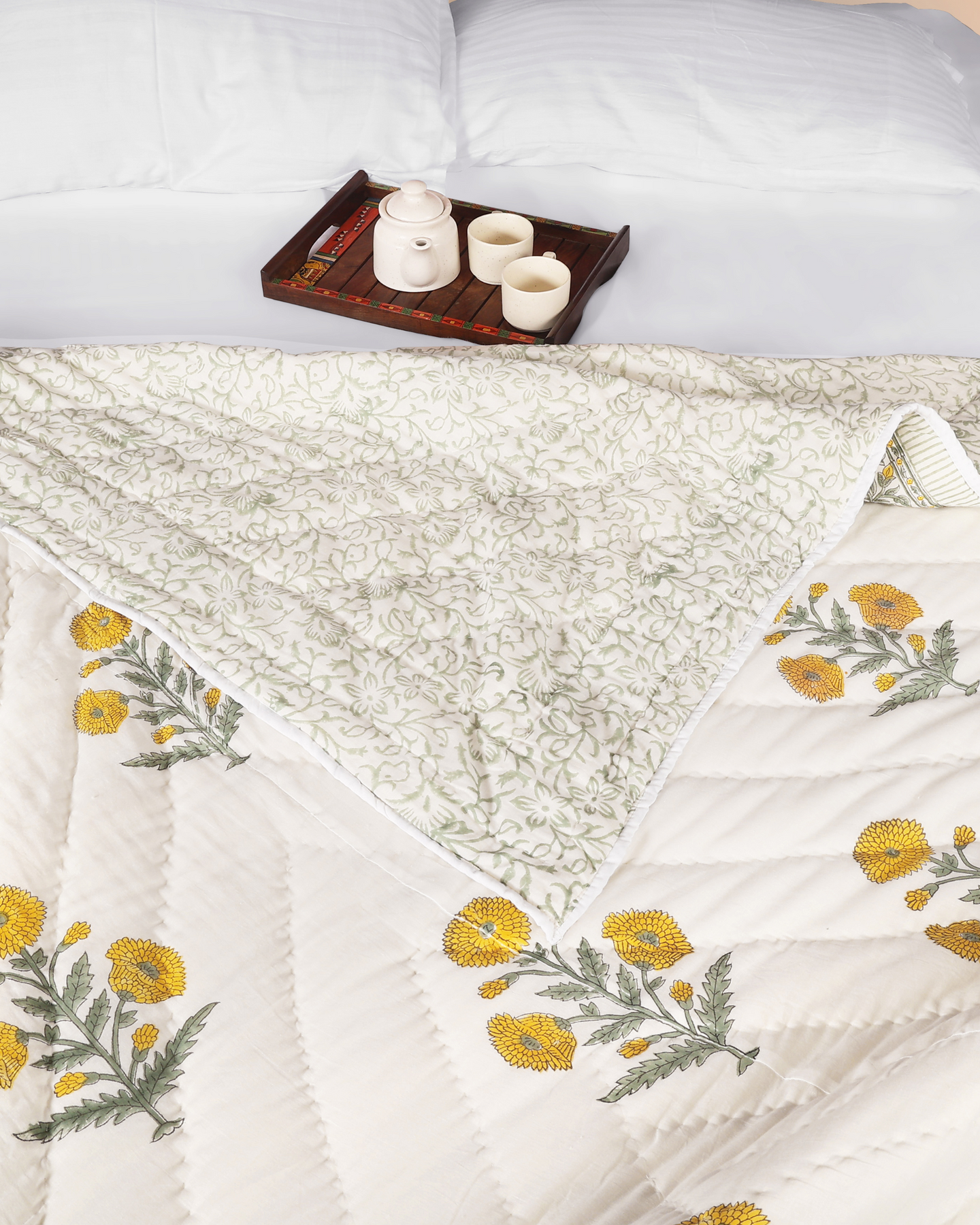 Hand Block Printed Reversible Double Bed Hand Quilting Quilt Set