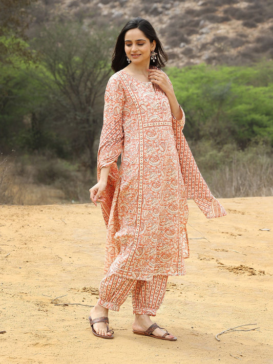 Summer Pastel Gold Print Kurta Set with Afghani Pant