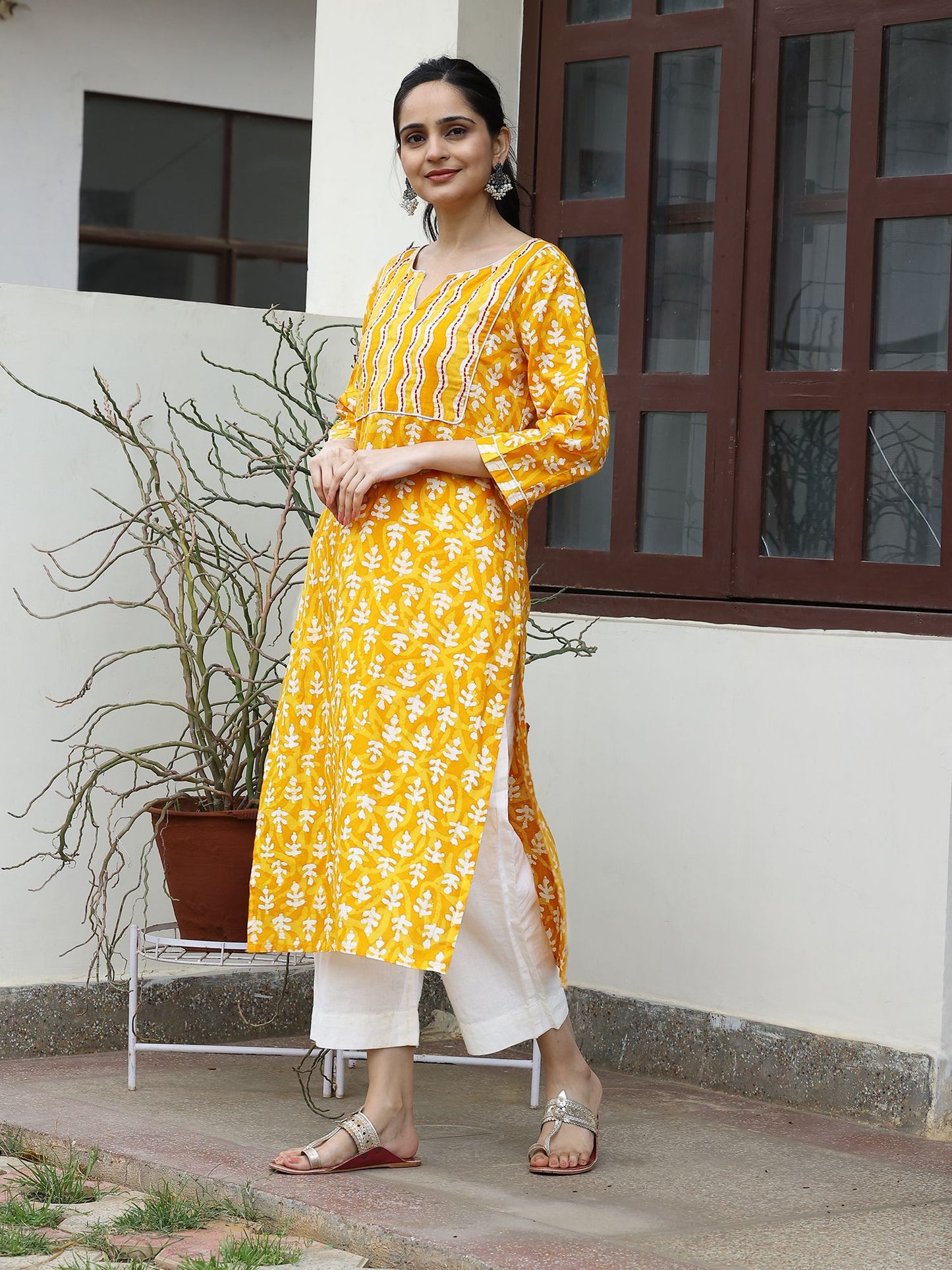 Yellow Kantha Yoke Handblocked Cotton Kurta