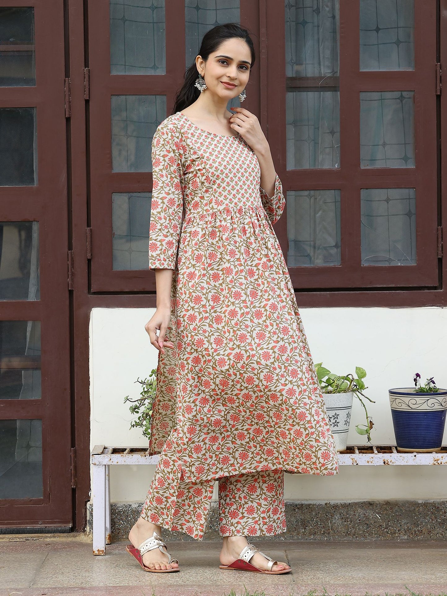 Beige Handblocked Bagru Printed Kurta Set