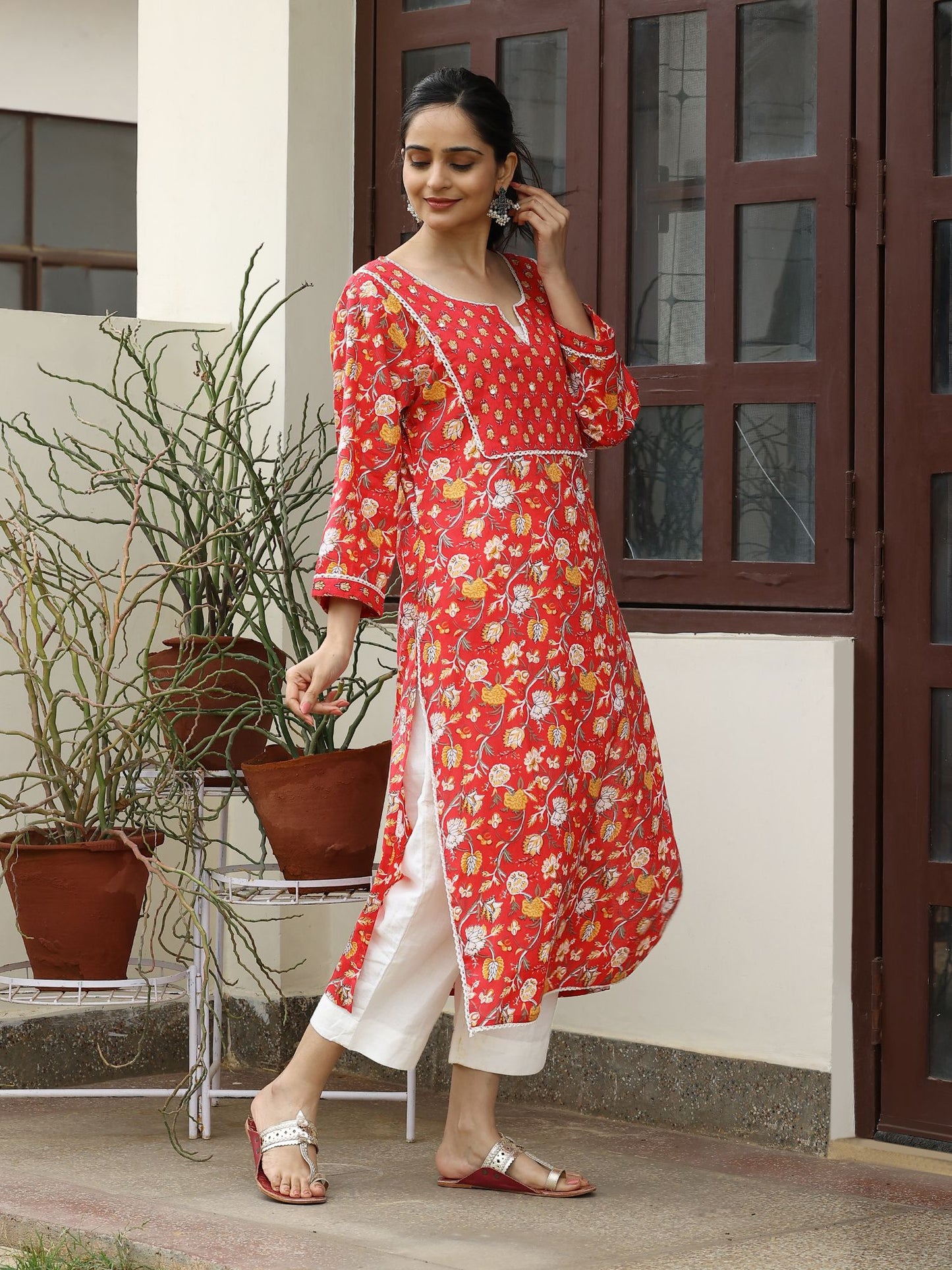 Red Cotton Kurta with Mirror Embroidery at Yoke